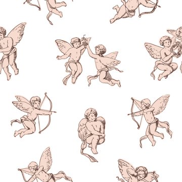 Seamless pattern Cupids holding bows and shooting arrows on white background. Backdrop with pink cute angels, gods of romantic love and passion. Vector illustration for textile print, wrapping paper.