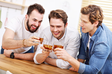 Cheerful friends having fun with smartphone and drinking at home