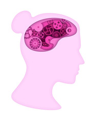 Pink woman head silhouette with gears in brain. Paper cut art style vector illustration.