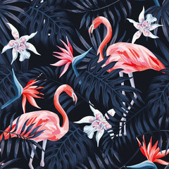 flamingo strelitzia palm leaves dark background pattern - 199938707
