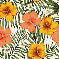 hibiscus pink yellow palm leaves green seamless pattern
