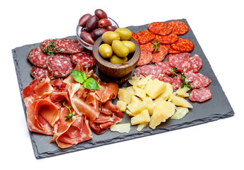Meat and cheese plate with salami sausage, chorizo, parma and parmesan cheese
