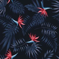 Behang Tropische bloemen strelitzia rood donker patroon