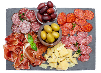 Meat and cheese plate with salami sausage, chorizo, parma and parmesan cheese