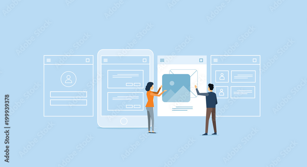 Poster mobile application development process  with design team working concept