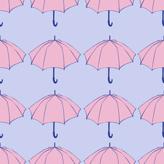 Seamless pattern with doodle umbrellas. For fabric, textile, wallpaper, wrapping paper. Vector Illustration. Hand drawn sketch. Pink elements on blue background. 