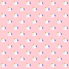 Pattern of an illustration of a kawaii cute fat unicorn with rainbow colored horsehair running happily over a pink background.