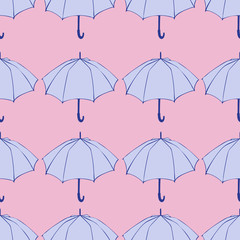 Seamless pattern with doodle umbrellas. For fabric, textile, wallpaper, wrapping paper. Vector Illustration. Hand drawn sketch. Blue elements on pink background.
