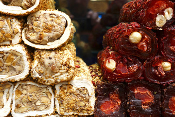 Turkish delight. Various lakoum with nuts close-up.