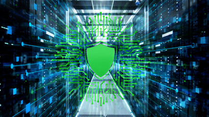 Shot of Corridor in Working Data Center Full of Rack Servers and Supercomputers with High Security Level Icon Visualisation.