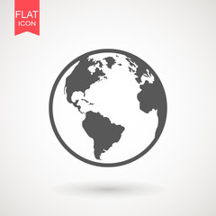 Earth planet world globe map icon. Flat illustration of continent on planet icon isolated on white background. Flat planet Earth icon. Vector illustration.