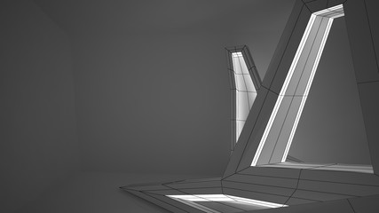 Abstract drawing white parametric interior. Polygon black drawing. 3D illustration and rendering.