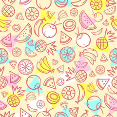 Colorful sketch mixed tropical fruits seamless summer pattern background vector format