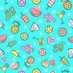 Cute seamless summer pattern with summer elements including sea wave, pineapple, cocktails, cactus, icecream, sea shell, watermelon, hand-drawn illustration seamless pattern background vector format