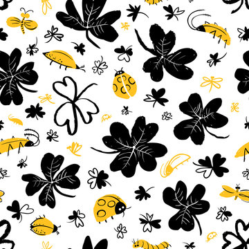 Background with clover leaves and insects. Seamless pattern with cute bugs, ladybirds, dragonfly, caterpillar