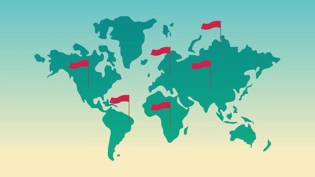World map with red flags in differents locations High Definition colorful animation scenes