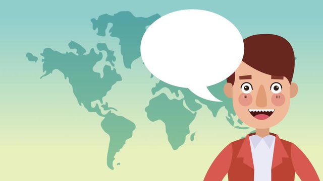 Young man talking with blank bubble speech over world map background High Definition colorful animation scenes