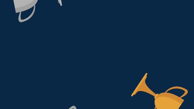 Trophy cups raining over blue background High Definition colorful animation scenes