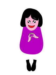 Cartoon funny girl is standing and touched. Love and tenderness in the eyes of the character to something.