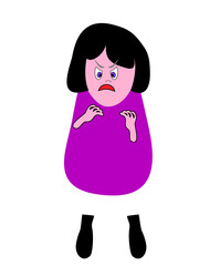 Cartoon funny girl is standing and angry. Evil displeased face of the character to something belligerently tuned