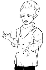 Little Chef Presenting and Gesturing with Hands - Black and White Illustration, Vector
