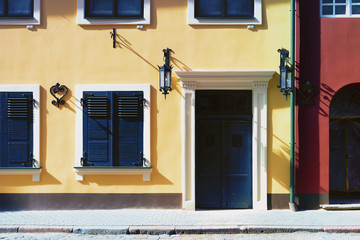 Painted facades in the old town in Riga