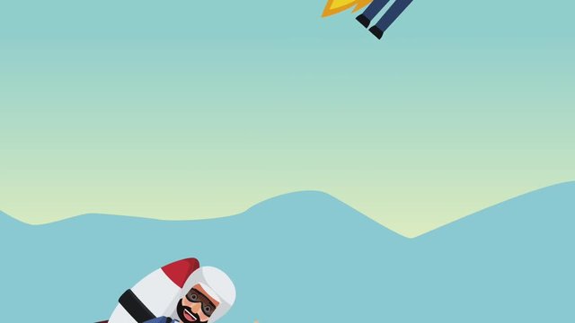 Businessman flying with jetpack at skyes High definition animation colorful scenes