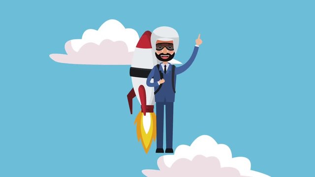 Businessman flying with jetpack at skyes High definition animation colorful scenes