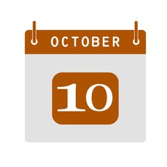 Calendar flat icon 10th of October. Vector illustration.