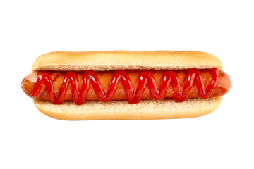 Hot dog with grilled sausage and ketchup on white