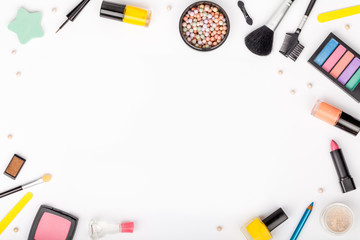 set of professional decorative cosmetics, makeup tools and accessory on white background with copy space for text. beauty, fashion, party and shopping concept. flat lay frame composition, top view