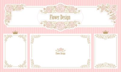 Royal floral frame.Set of flower borders.Vintage wedding invitation.Cute web banner corner. Template for little princess. Pink rose with gold thin line ornament.Classic victorian elements of design