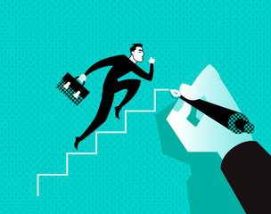 Businessman running on the steps. Hand draws a ladder