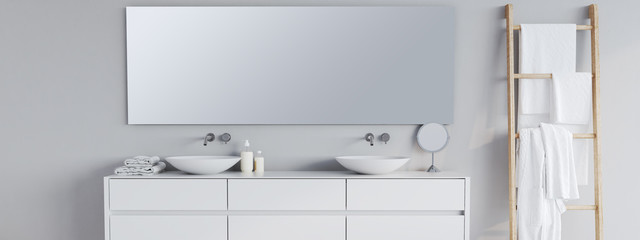 new modern bathroom with a font mirror. 3d rendering - obrazy, fototapety, plakaty