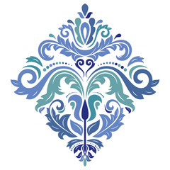 Oriental sqaure blue pattern with arabesques and floral elements. Traditional classic ornament. Vintage pattern with arabesques