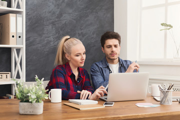 Couple of business partners work at modern office