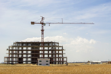 Construction crane and unfinished building on straw field