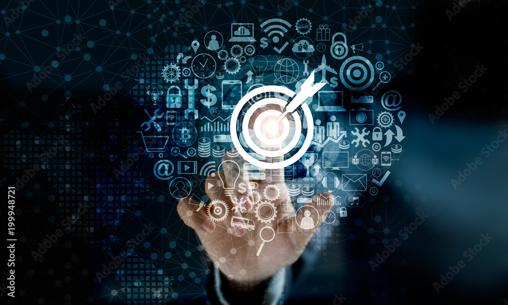 Poster digital marketing. businessman touching darts aiming at the target center with icon network connecti