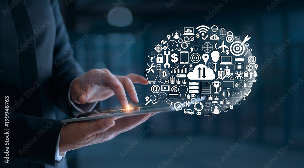 Aufkleber Digital marketing. Businessman using tablet with icon network connection. Business innovation technology concept