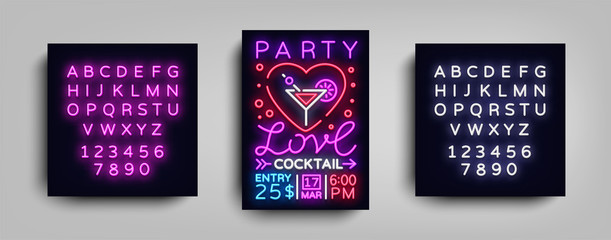 Cocktail party poster vector template. Love Cocktail party, Poster neon, Neon sign, Light banner, bright invitation, nightlife brochure, typography, postcard to Valentines day. Editing text neon sign