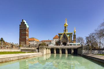Mathildenhoehe with russian chapel and wedding tower in Darmstadt - obrazy, fototapety, plakaty