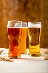 glasses of assorted beer with wheat on a wooden table background for tasting