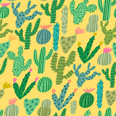 Vector cactus cute hand-drawn seamless pattern