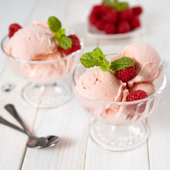Square shot of rasberry ice cream balls