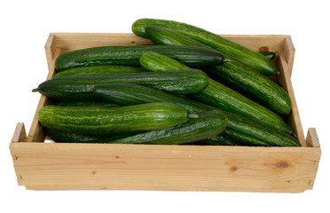 cucumber in wooden box on white background