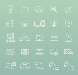 Set of Quality Universal Standard Minimal Simple White Thin Line Network , Technology and Analytics Icons on Color Background 