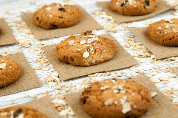 Homemade cookies on a white vintage table. Tasty cookies and biscuits.