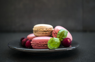 French dessert. Sweet pink macaroons or macarons with cranberry dark background