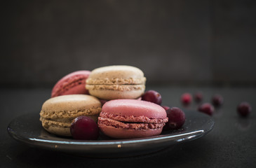French dessert. Sweet pink macaroons or macarons with cranberry dark background