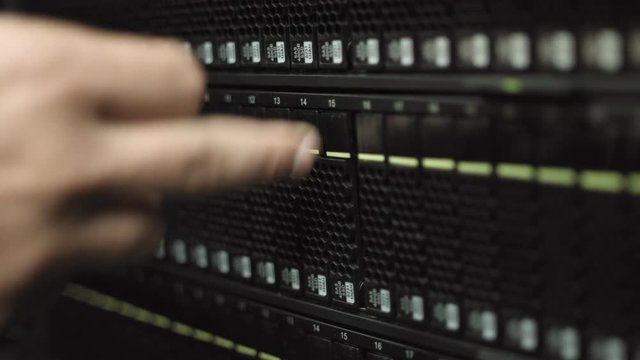 Close-up of hard drives in modern data center